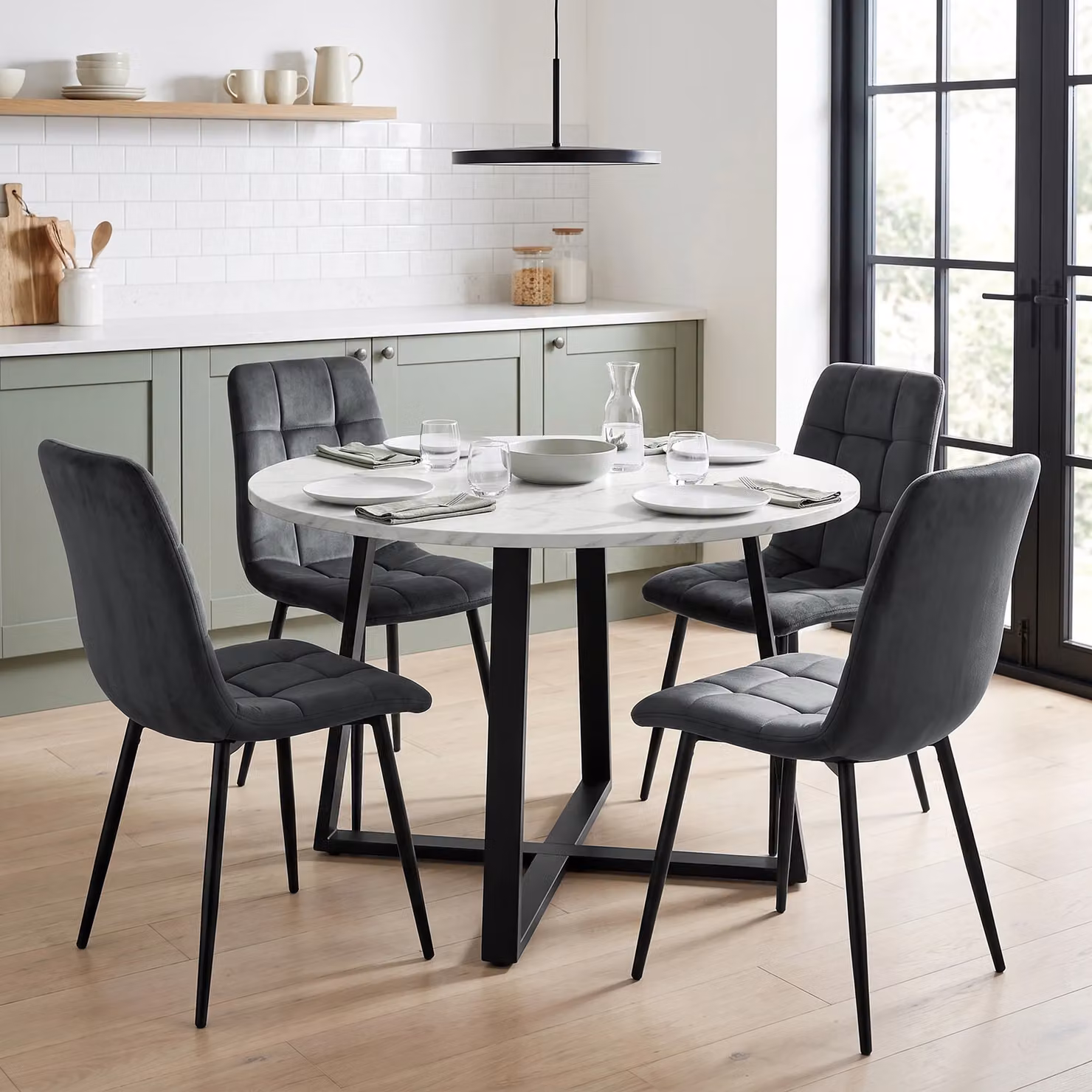 DHS Round Dining Table Set with 4 Chairs, White, Grey and Black