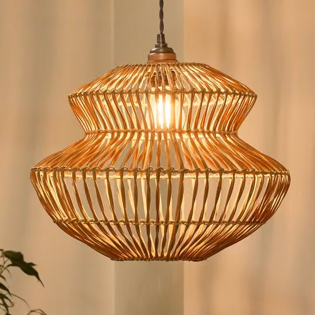 Dibor Traditional Rattan Pot Bellied Boho Round Ceiling Shade in Beige, H 29 cm x D 29 cm