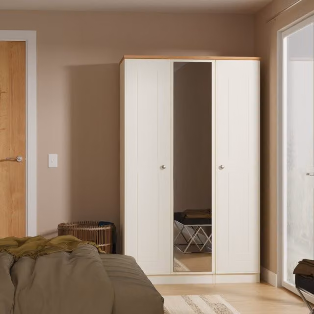 Victoria Ready Assembled Triple Mirrored Wardrobe in Cream Ash and Riviera Oak