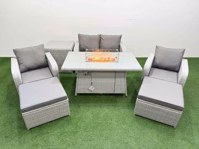 Fimous 6 Seater Light Grey PE Wicker Rattan Garden Furniture Set with Reclining Chairs, Firepit, Dining Table, 2 Stools and Side Table