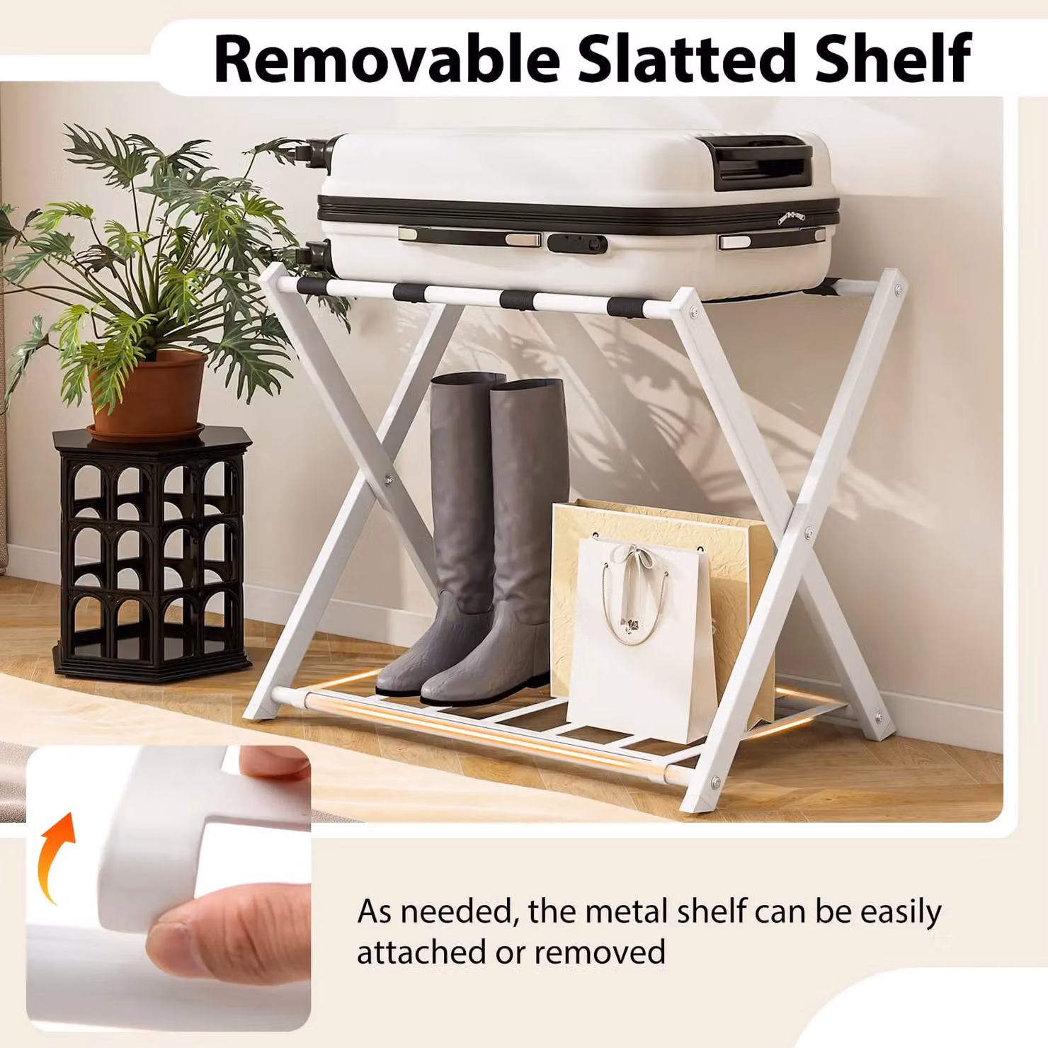 Costway Folding Luggage Rack and Suitcase Stand with Storage Shelf, White – 2