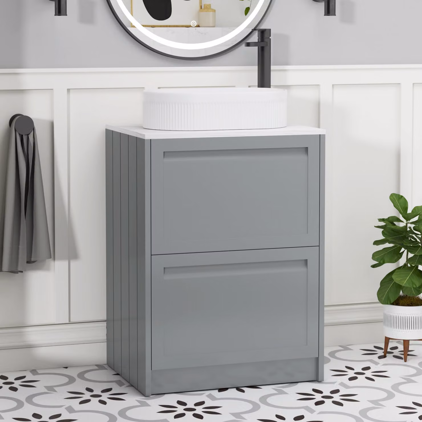 Royal Bathrooms Elmore 600mm Matt Pebble Grey Floor Standing 2 Drawer Vanity Unit with Lyon Basin