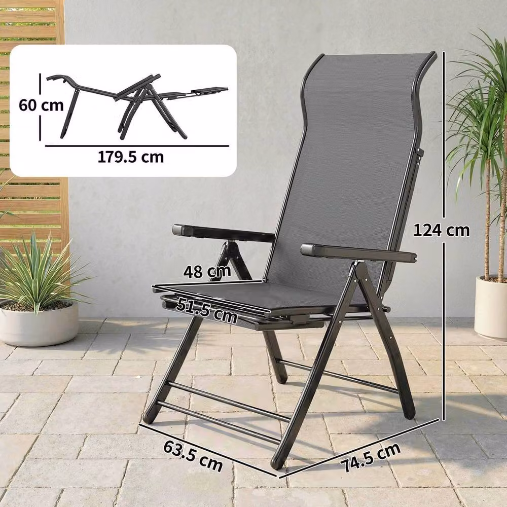 NESTLUNE Set of 2 Folding Reclining Garden Chairs in Grey with Adjustable Headrest and Armrests – 2