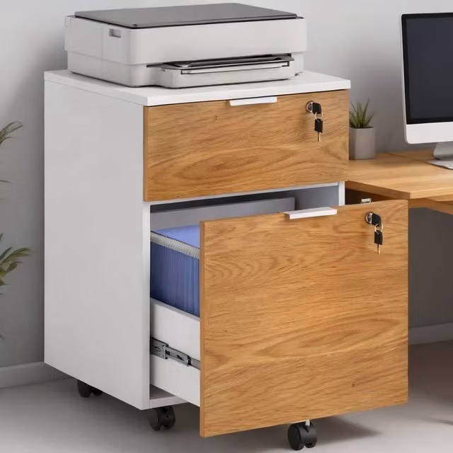 ERGOVEXA Two-Drawer Lockable Filing Cabinet in White and Natural Wood Effect, W/D/H: 60.0 x 40.0 x 42.0 cm