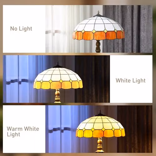 HOMCOM Vintage Tiffany-Style Floor Lamp with Handcrafted Stained Glass Shade in Orange and Bronze Tone, Height: 152 cm – 5