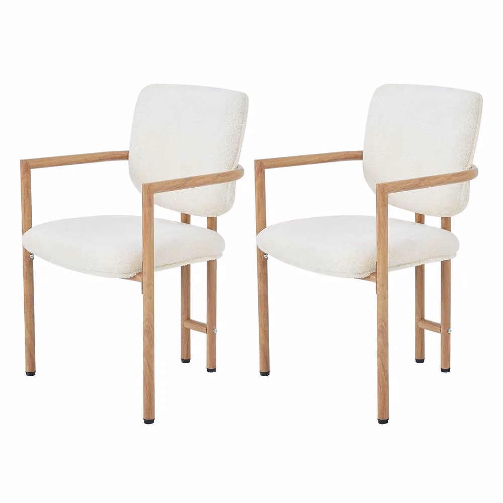 Matteo Set of 2 Bouclé Dining Chairs with Wood Grain Metal Frame in Beige and White – 2