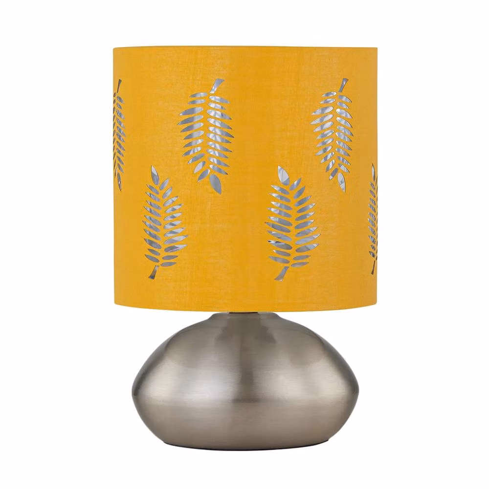 First Choice Lighting Jenson Set of 2 Brushed Chrome Touch Table Lamps with Ochre Fabric Shades – 2