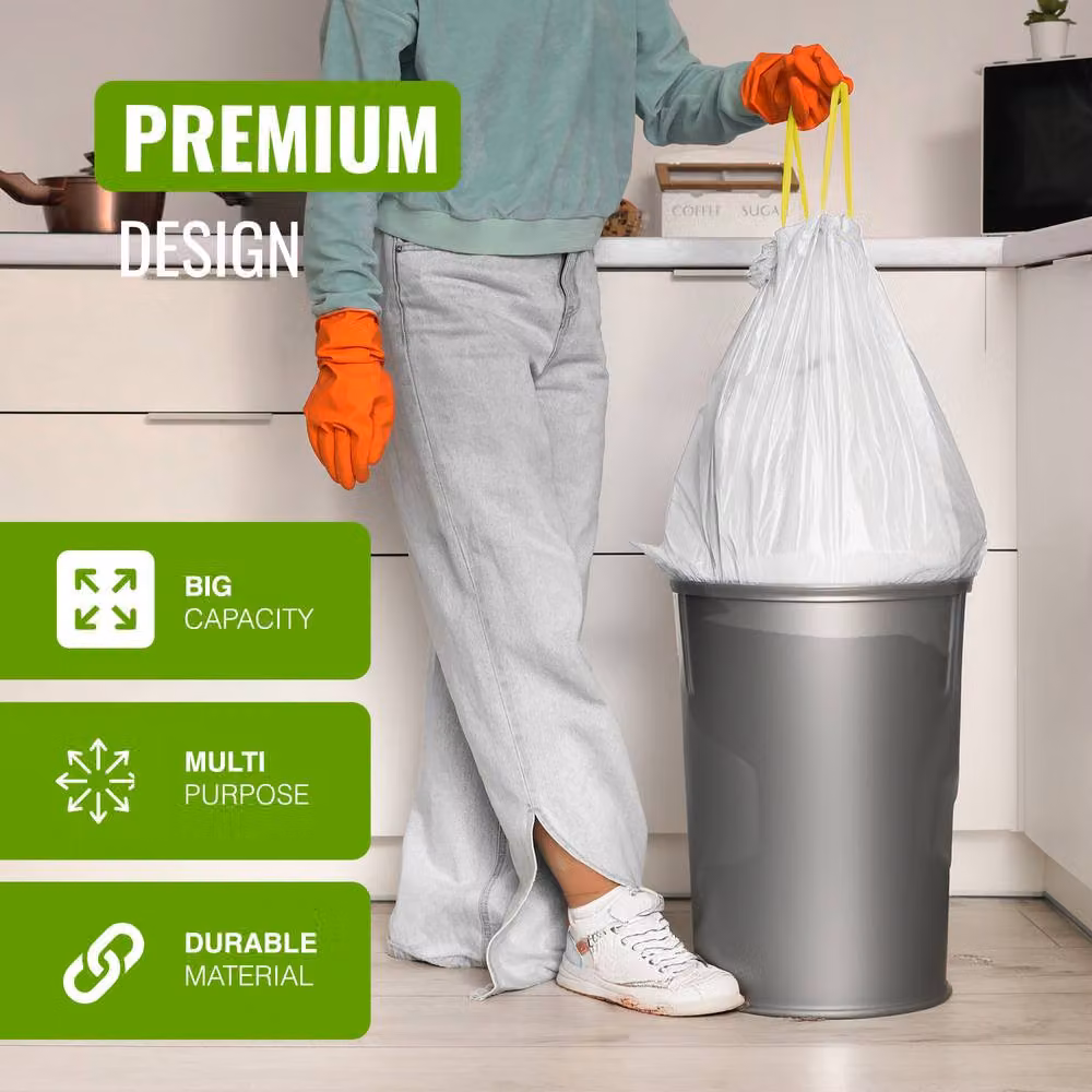 EcoBag Lemon Scented Drawstring Bin Liners, 60L, White, Pack of 10 – 3