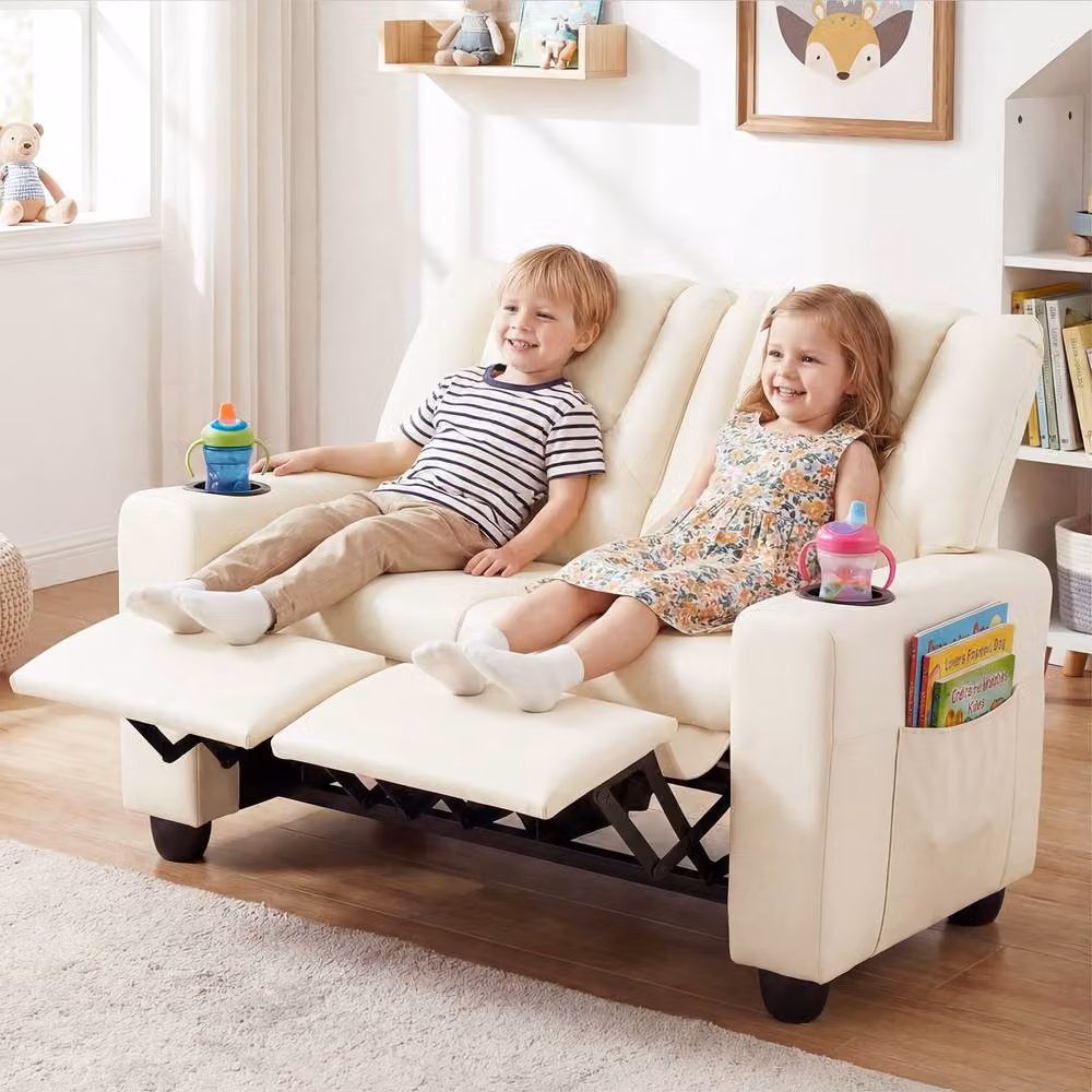 CASART 2-Seater Kids Recliner Double Toddler Sofa Chair with 2 Cup Holders, Beige Synthetic Leather – 2