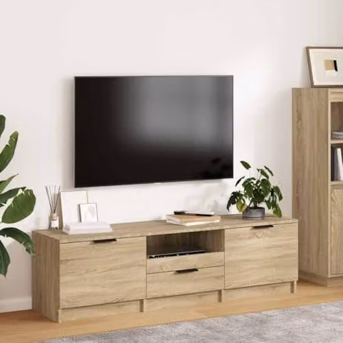 vidaXL Modern Oak Wood TV Cabinet in Brown with Media Compartments and Drawer, W/D/H: 140.0 x 35.0 x 40.0 cm – 2