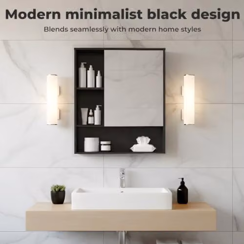Levede Black Wall Mounted Bathroom Mirror Cabinet with HD Tempered Glass and Internal Shelves, W: 55.5 cm, H: 61.2 cm, D: 16.0 cm – 7