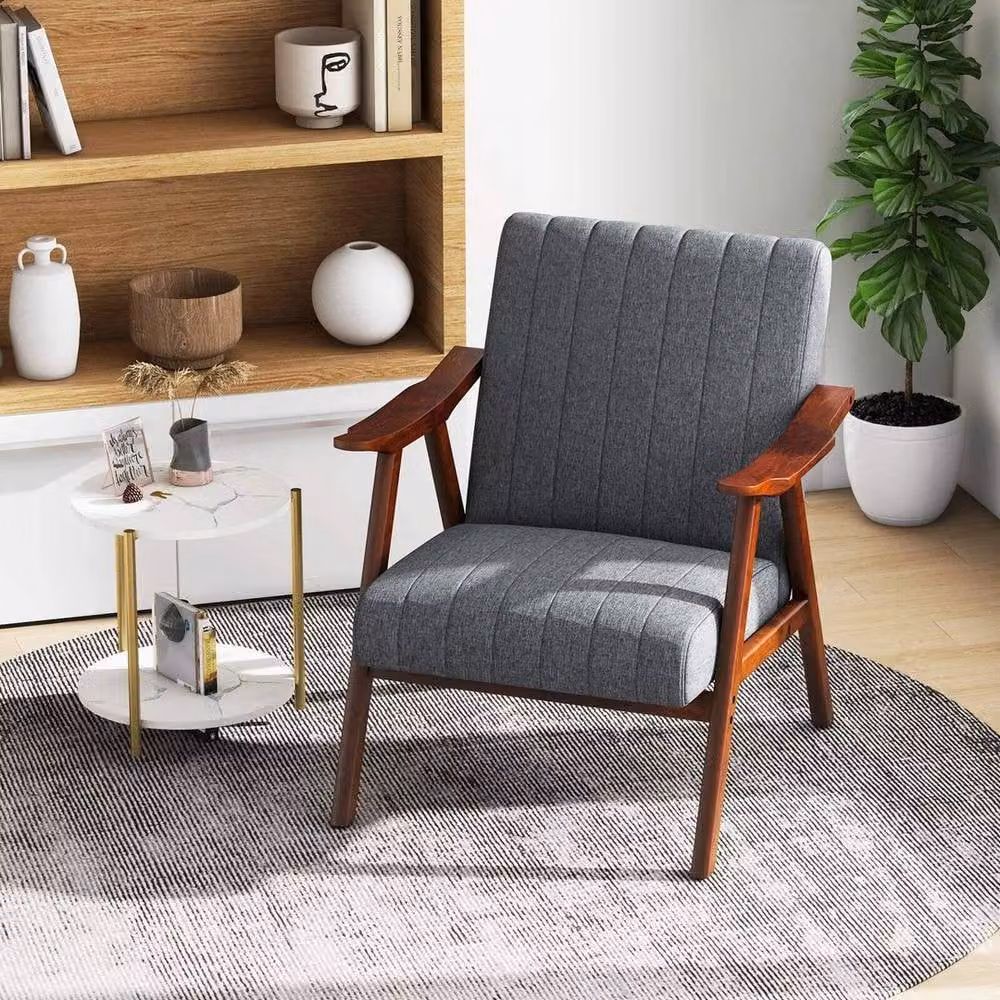 FORGEVIO Modern Accent Lounge Chair with Armrests in Grey and Rubberwood – 3