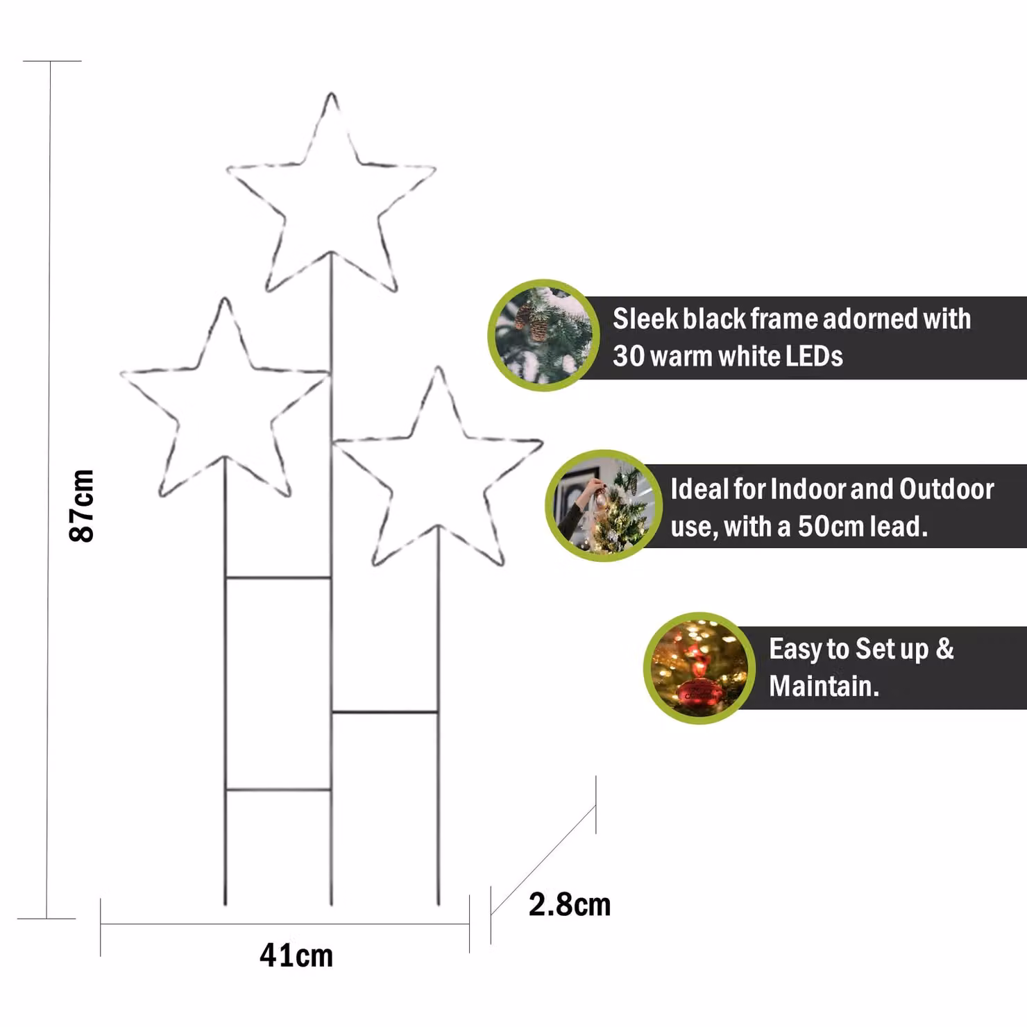 Pegdev Christmas Pre-Lit 3 Star Cluster with 30 Warm White Micro LEDs, Battery Operated with Timer, Outdoor Decoration – 2