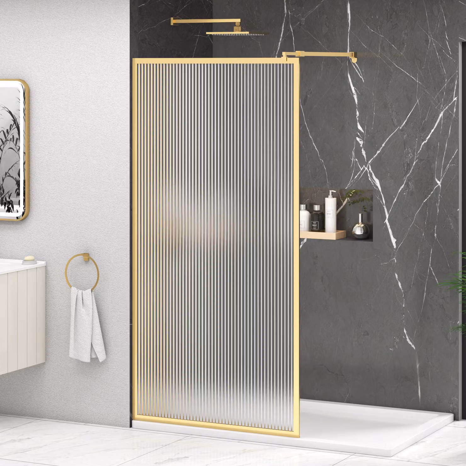 Luxor Walk In Wet Room Fluted Shower Screen with Brushed Brass Frame and Easy Clean Glass, Gold, Height: 195 cm, Thickness: 8 mm