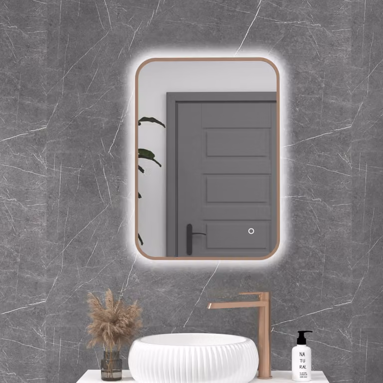 Royal Bathrooms Luton Rectangular LED Illuminated Bathroom Mirror in Brushed Bronze, W: 50 cm, H: 70 cm, with Touch Sensor and Anti-Fog Feature