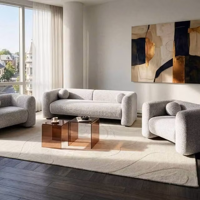 Wyld and Coco Retro 5-Seater Beige Fabric Sofa Set with Armchair and Solid Wood Frame – 1