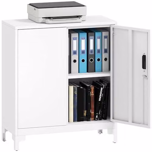 HOMCOM Lockable Metal Filing Cabinet with 2-Tier Storage and Hinged Doors, White, W: 80 cm, D: 35 cm, H: 91 cm