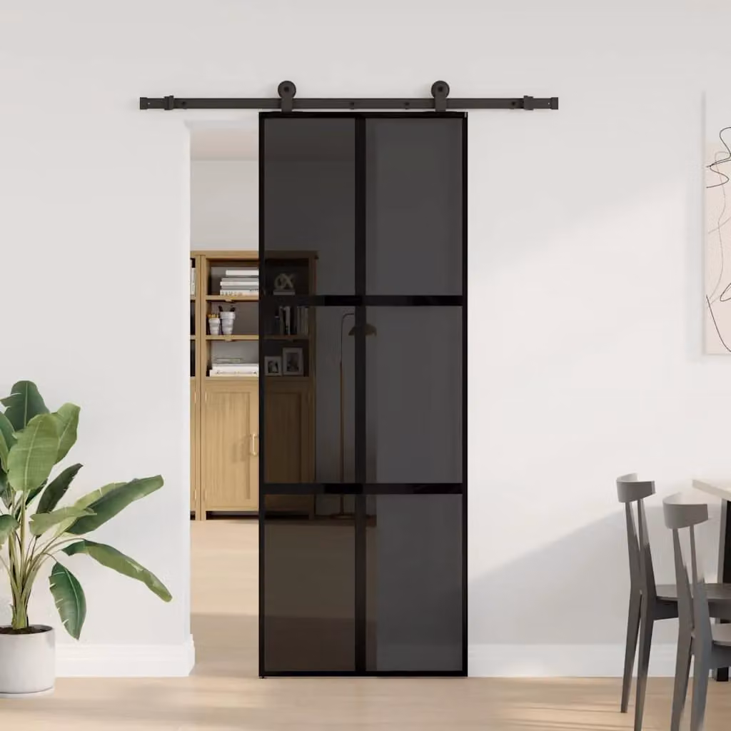 Berkfield Home Modern Sliding Door with Hardware Set, Black Aluminium and Transparent Tempered Glass, W: 76 cm, H: 205 cm – 2