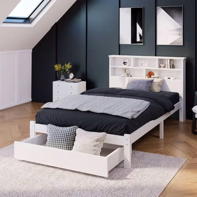 ModernLuxe Single Bed Frame in White with Drawers and Bedside Shelf