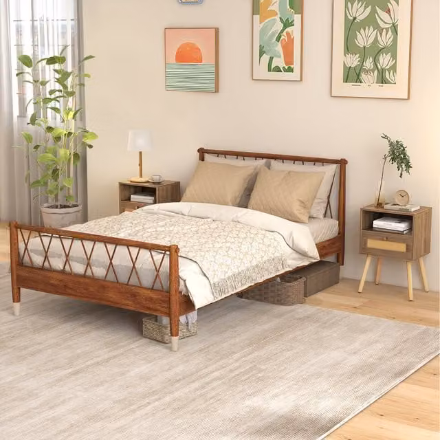 Costway Set of 2 Boho Rattan and Wood End Tables in Brown Oak