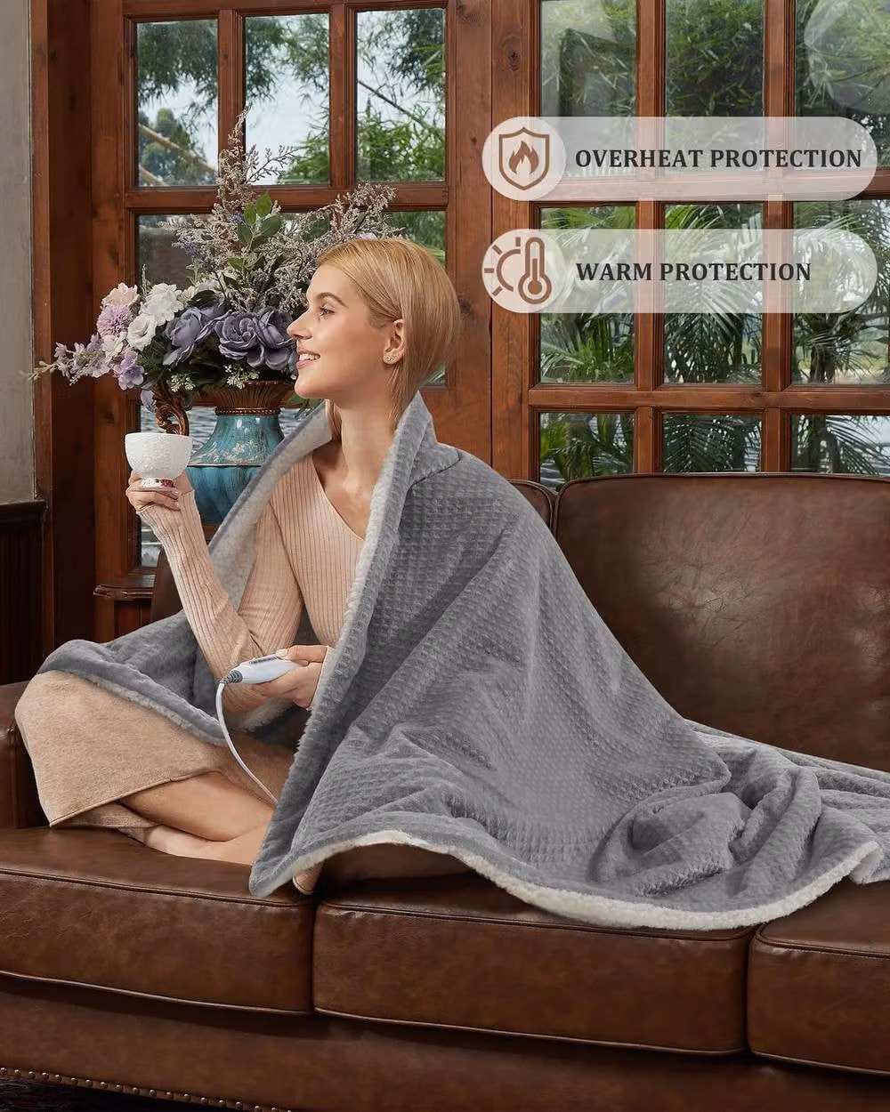 London Boutique Dual-Sided Flannel Electric Heated Blanket in Grey with 6 Heat Levels and 10h Auto-Off – 7