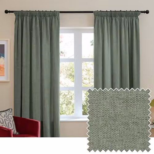 Riva Home Green Chenille Blackout Pencil Pleat Curtain Pair, Thermal Insulating, W: 168 cm, H: 229 cm – 1
