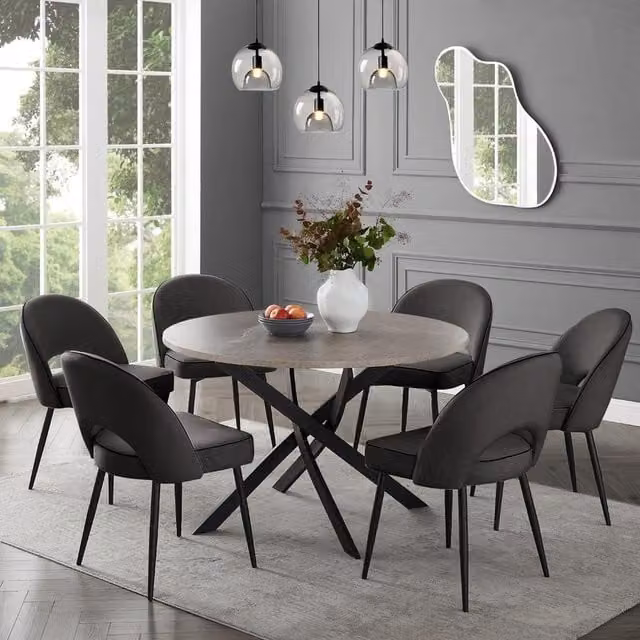 GRS Dijon Round Concrete Effect Dining Table and 6 Grey Velvet Chairs
