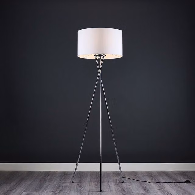 ValueLights Camden Modern Polished Chrome Metal Tripod Floor Lamp with White Fabric Cylinder Shade – 1