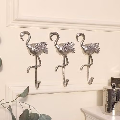 Melody Maison Set of 3 Silver Flamingo Metal Wall Hooks