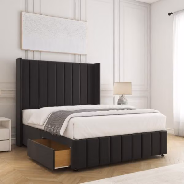 BSSPOKE Zoe Divan Bed with 54 inch Headboard and 2 Drawers in Black Plush Velvet, W/D/H: 180 x 200 cm