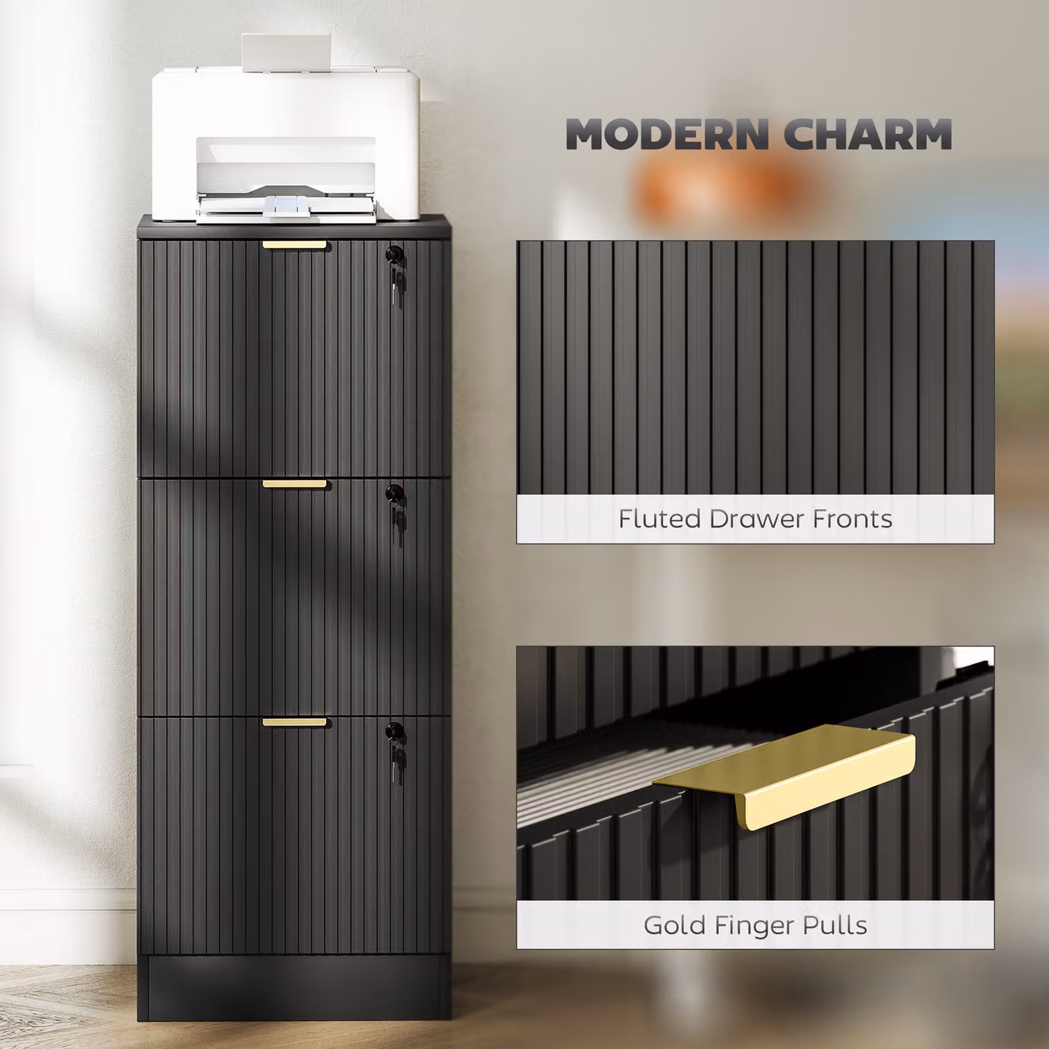 HOMCOM Black and Gold Fluted Vertical Filing Cabinet with 3 Lockable Drawers and Hanging Rails – 7