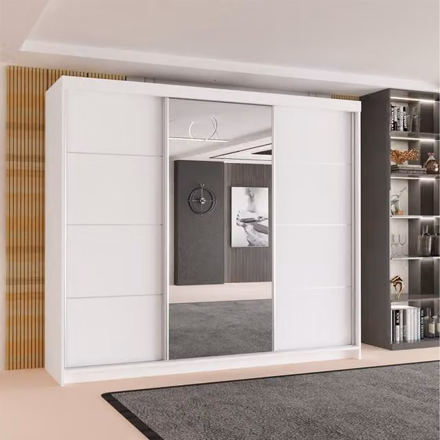 Sliding Wardrobes 4 u Modern White 3 Door Sliding Mirror Wardrobe with Internal Drawers and Shelves