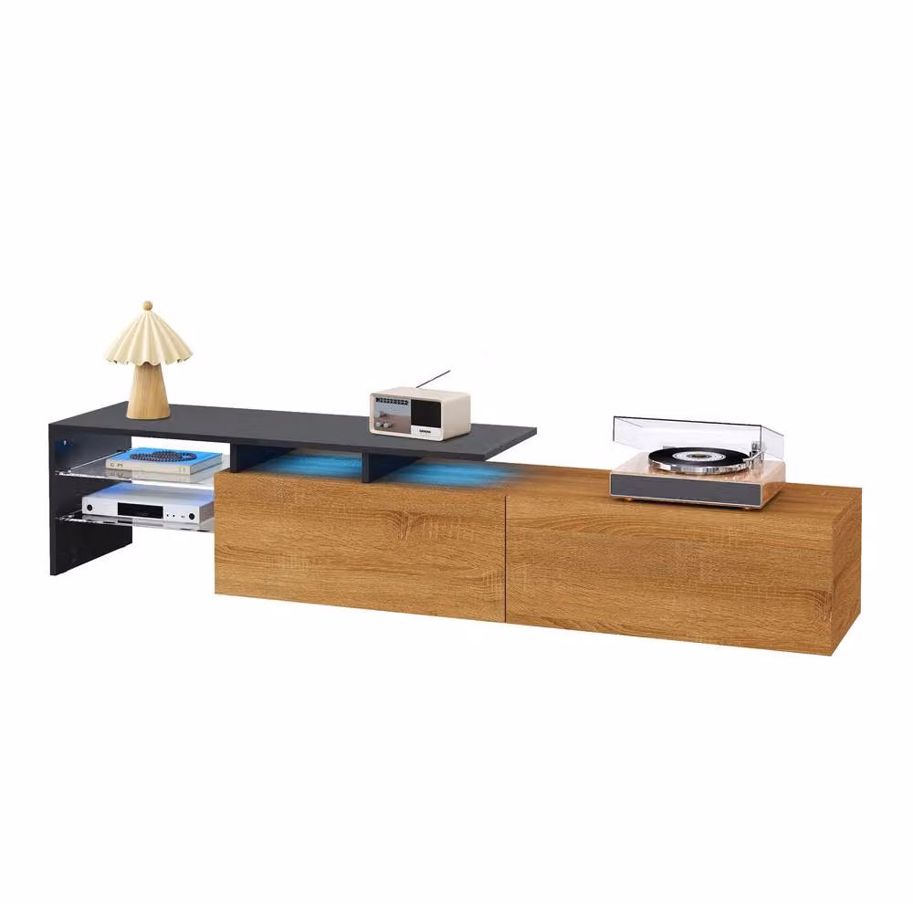 STILVORA Modern TV Stand with LED in Black and Natural, W: 170 cm, D: 33.5 cm, H: 33 cm – 4