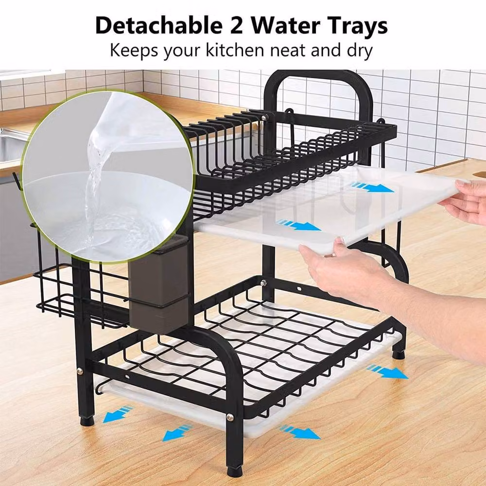 Ventryn 2 Tier Large Dish Drainer Rack with Cutlery Holder and Drip Tray, Black – 3