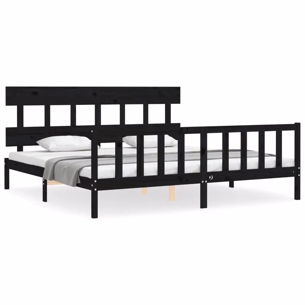 Berkfield Home Solid Wood Pine Bed Frame with Headboard in Black, 200 x 200 cm – 2