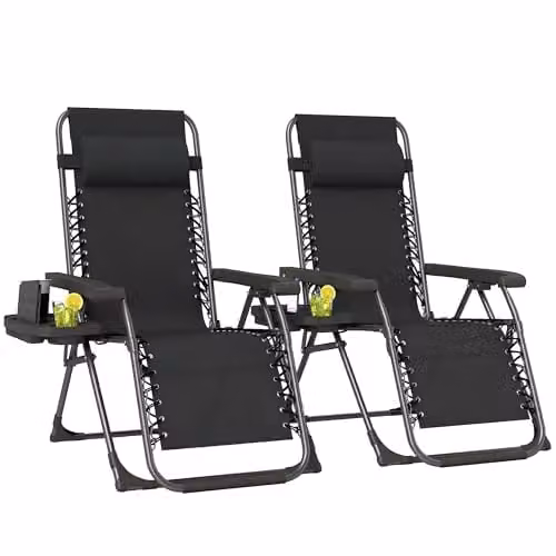 Outsunny Set of 2 Black Zero Gravity Garden Chairs with Adjustable Headrest, Side Tray and Cup Holders