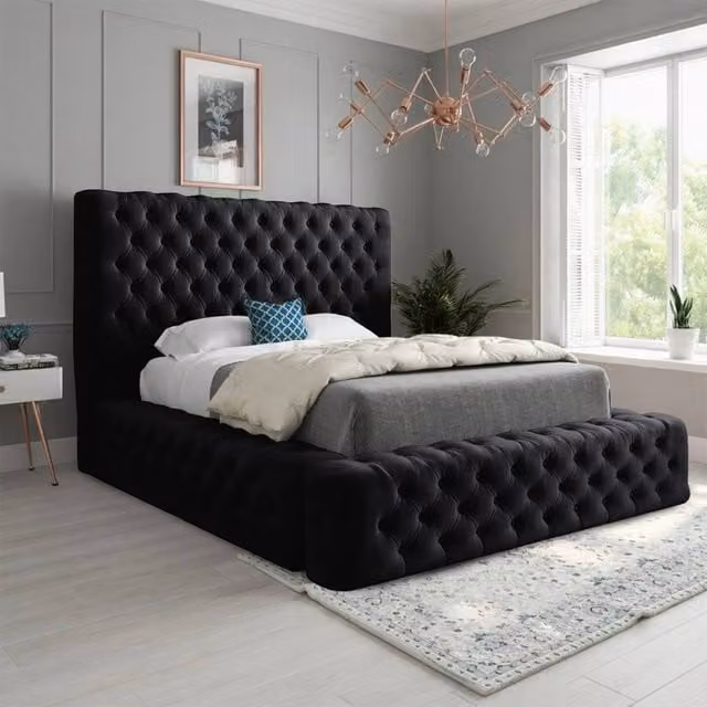Casani Woolmer Black Velvet Chesterfield Upholstered Bed Frame W/D/H: 200 x 120 x 137 cm