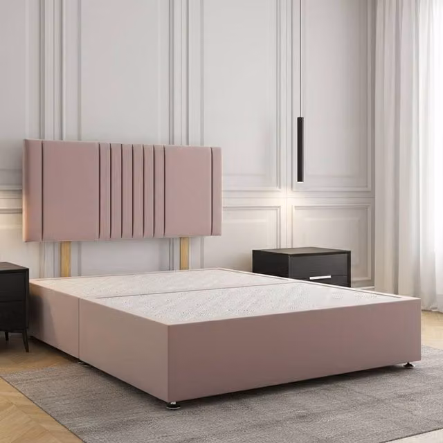Regional Furnishings Super King Plush Velvet Divan Bed with 24 inch Headboard in Pink, W: 200 cm x D: 200 cm