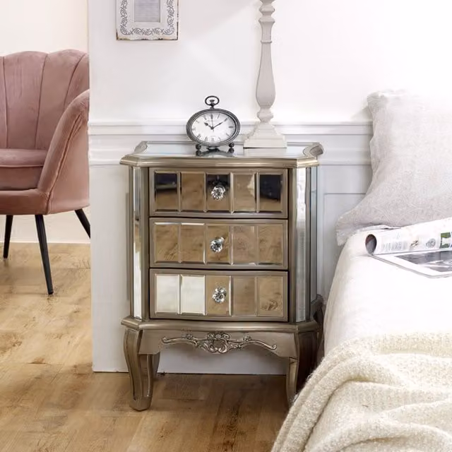 Melody Maison Silver Lacquered Mirrored Bedside Table