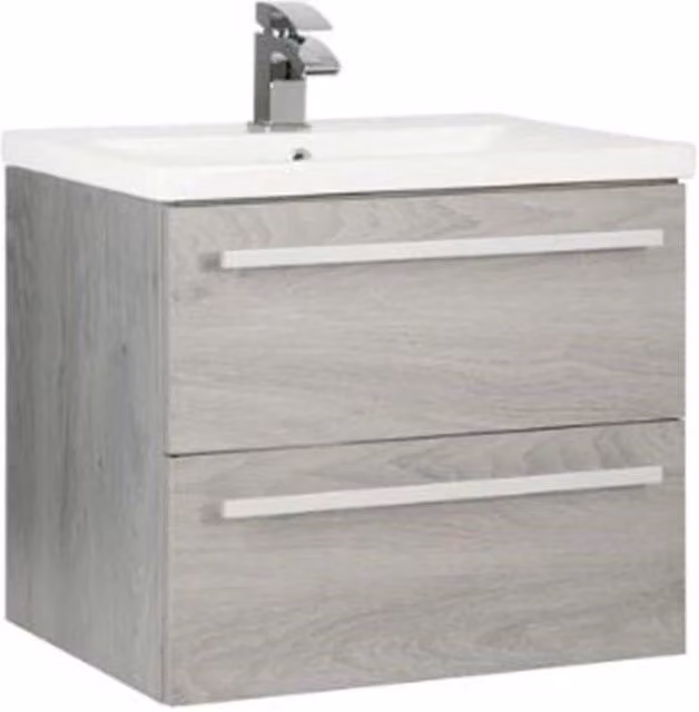 Clifton Silver Oak 2 Drawer Wall Hung Bathroom Unit with Ceramic Basin, Light Grey, W: 60 cm, D: 45 cm, H: 50 cm