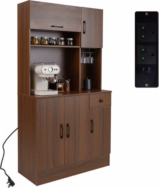 Costway Modern Tall Kitchen Pantry Storage Cabinet in Brown with Hinged Doors, Drawers and Open Shelving
