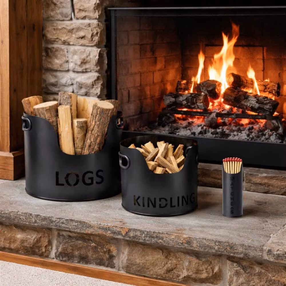 Almineez 3-Piece Black Metal Fireside Storage Set with Log Holder, Kindling Bucket and Matchstick Holder – 5