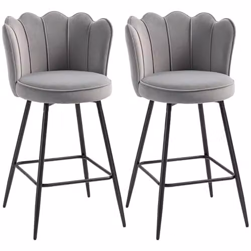 HOMCOM Set of 2 Modern Velvet Bar Stools with Metal Legs in Grey