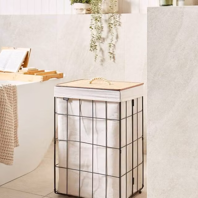 Wyld and Coco Black Metal Laundry Basket with Natural Bamboo Lid and Removable Fabric Bin