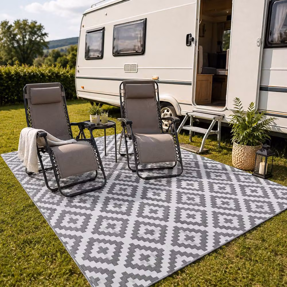Simpa Geometric Outdoor Reversible UV Resistant Rug in Grey, W: 180 cm, D: 270 cm – 4