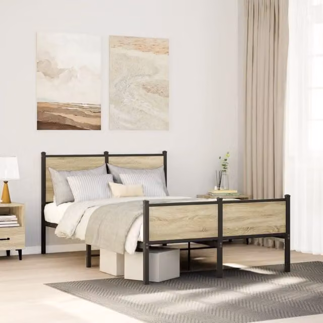 Berkfield Home Metal Bed Frame in Sonoma Oak Brown, W/D/H: 120 x 200 cm