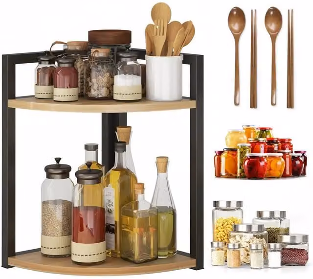 Havendro 2-Tier Metal Corner Countertop Shelf for Kitchen or Bathroom in Beige – 1
