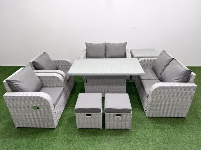 Fimous 8 Seater Rattan Garden Furniture Set in Grey with Upholstered Cushions, Coffee Table and Ottomans