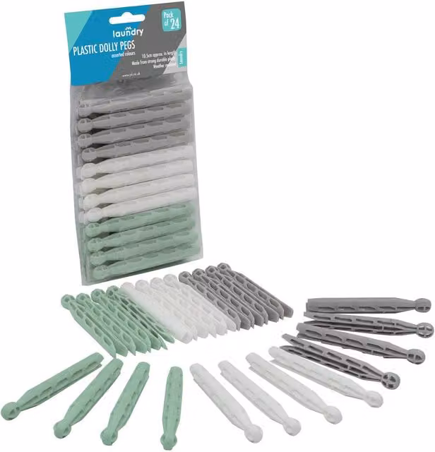 JVL 24 Pack of Plastic Dolly Clothes Pegs in Assorted Grey, White and Green – 1