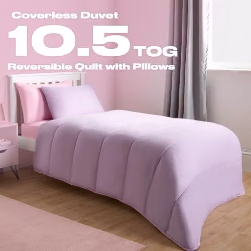 OHS Double Coverless 10.5 Tog Reversible Duvet and Pillowcase Set in Pink, Lilac or Purple, W/D/H: 200 x 200 cm – 2